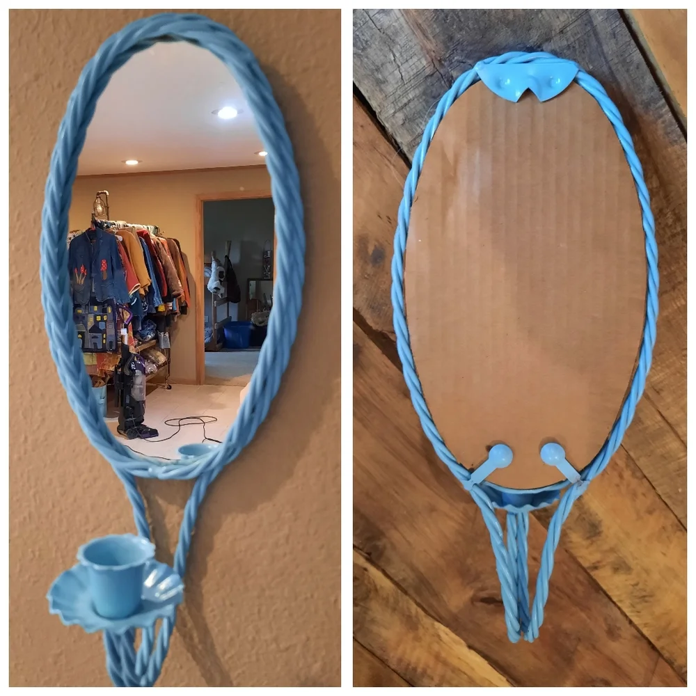 Upcycled braided metal vtg mirror candle holder light blue
